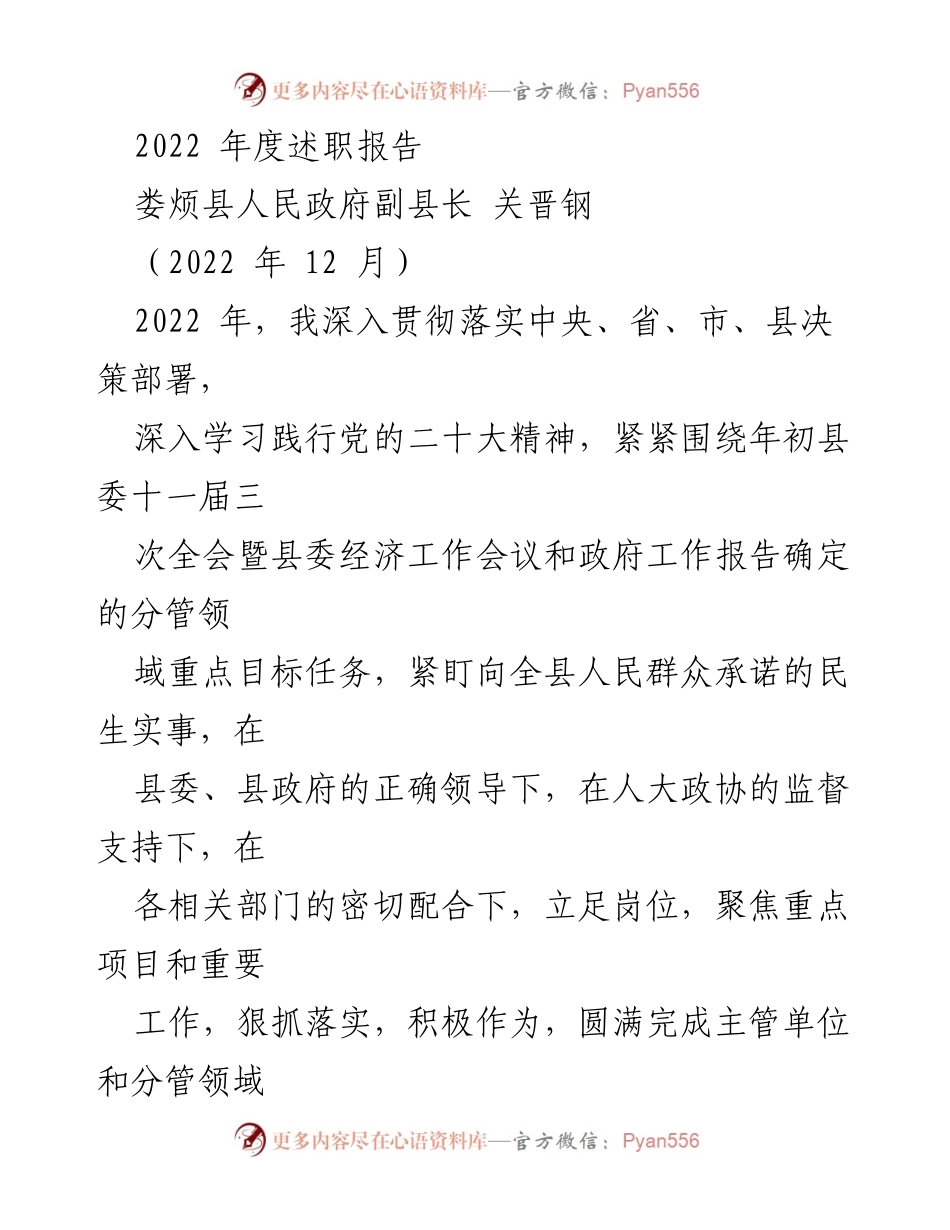 [述职报告] 年度总结 - 2022年度述职报告：关晋钢副县长的工作回顾与展望.docx_第1页