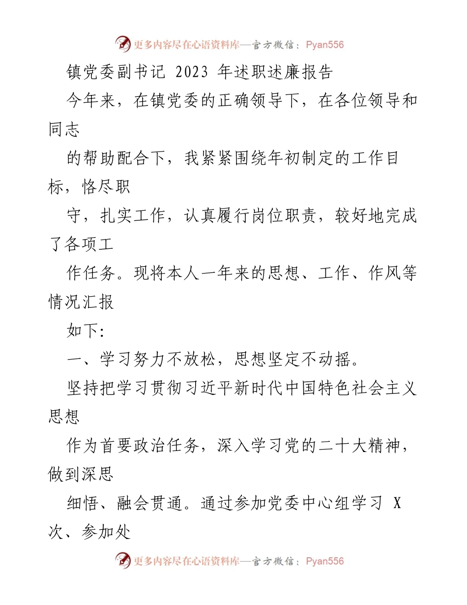 [述职报告] 镇党委 - 2023年党委副书记述职述廉报告.docx_第1页