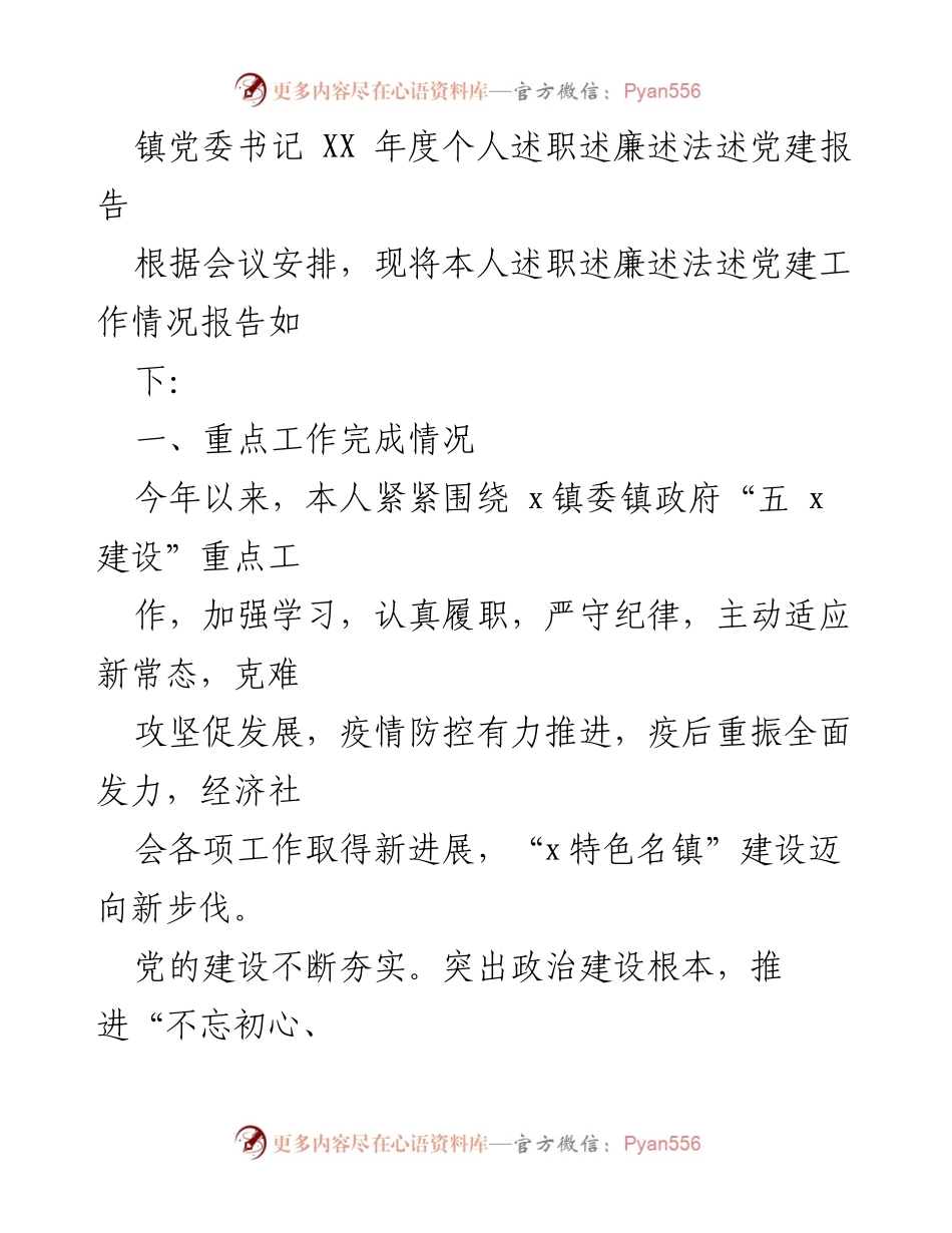 [述职报告] 镇党委会议 - XX年度个人述职述廉述法述党建工作报告.docx_第1页