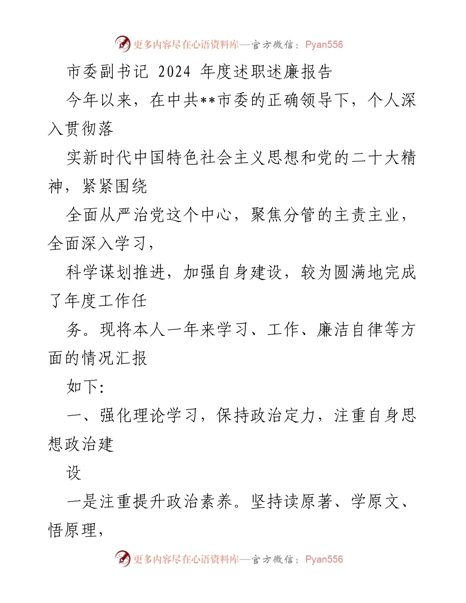 [述职述廉报告] 市委副书记年度工作总结 - 2024年度述职述廉报告.docx_第1页