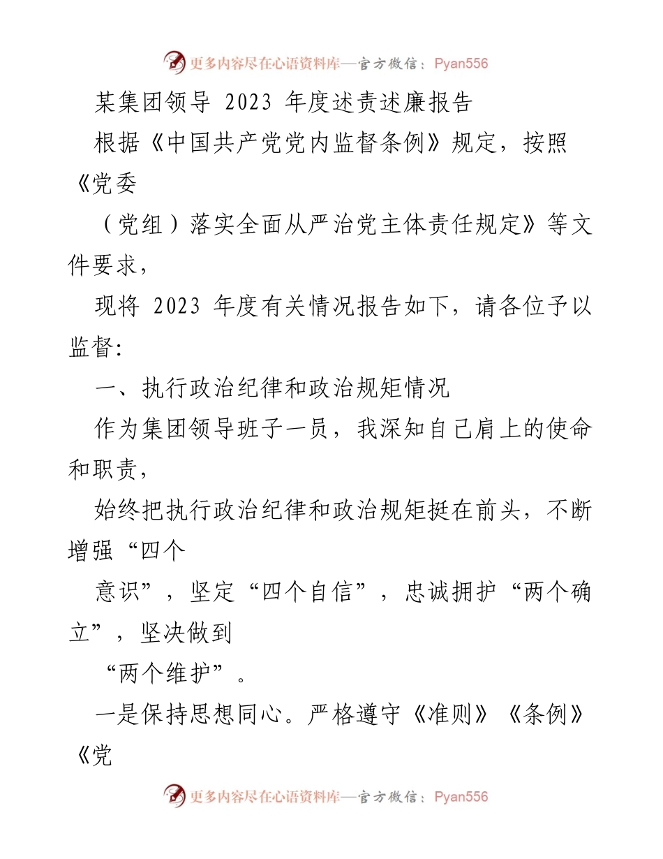 [述责述廉报告] 年度总结 - 2023年度集团领导述责述廉报告_1.docx_第1页