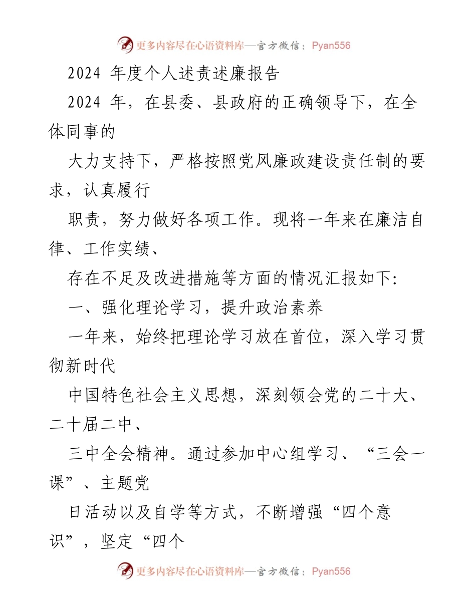 [述责述廉报告] 2024年度工作总结 - 2024年度个人述责述廉报告.docx_第1页