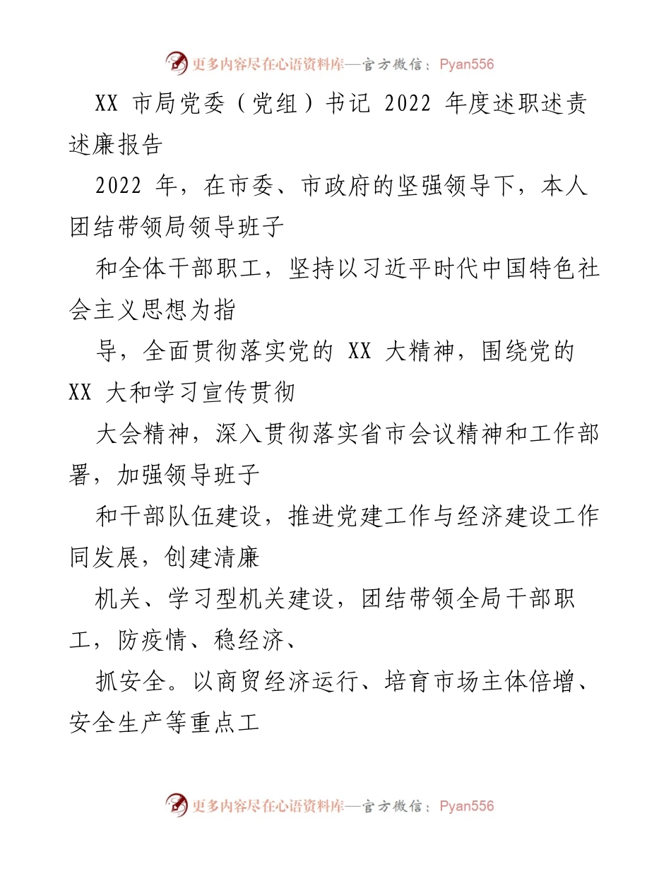 [述职报告] 年度述职 - XX市局党委书记2022年度述职述责述廉报告.docx_第1页