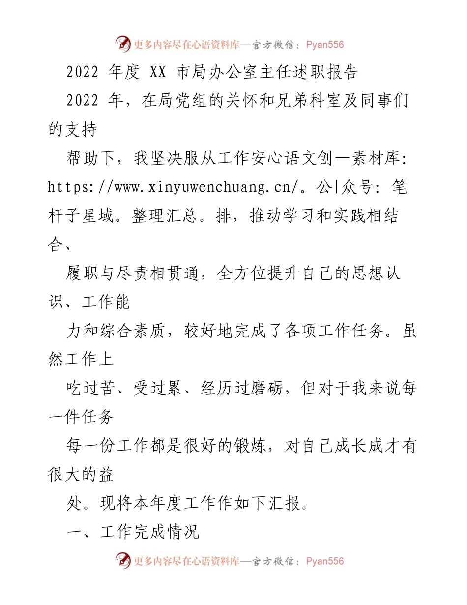 [述职报告] 年度总结 - 2022年度XX市局办公室主任工作述职报告_2.docx_第1页