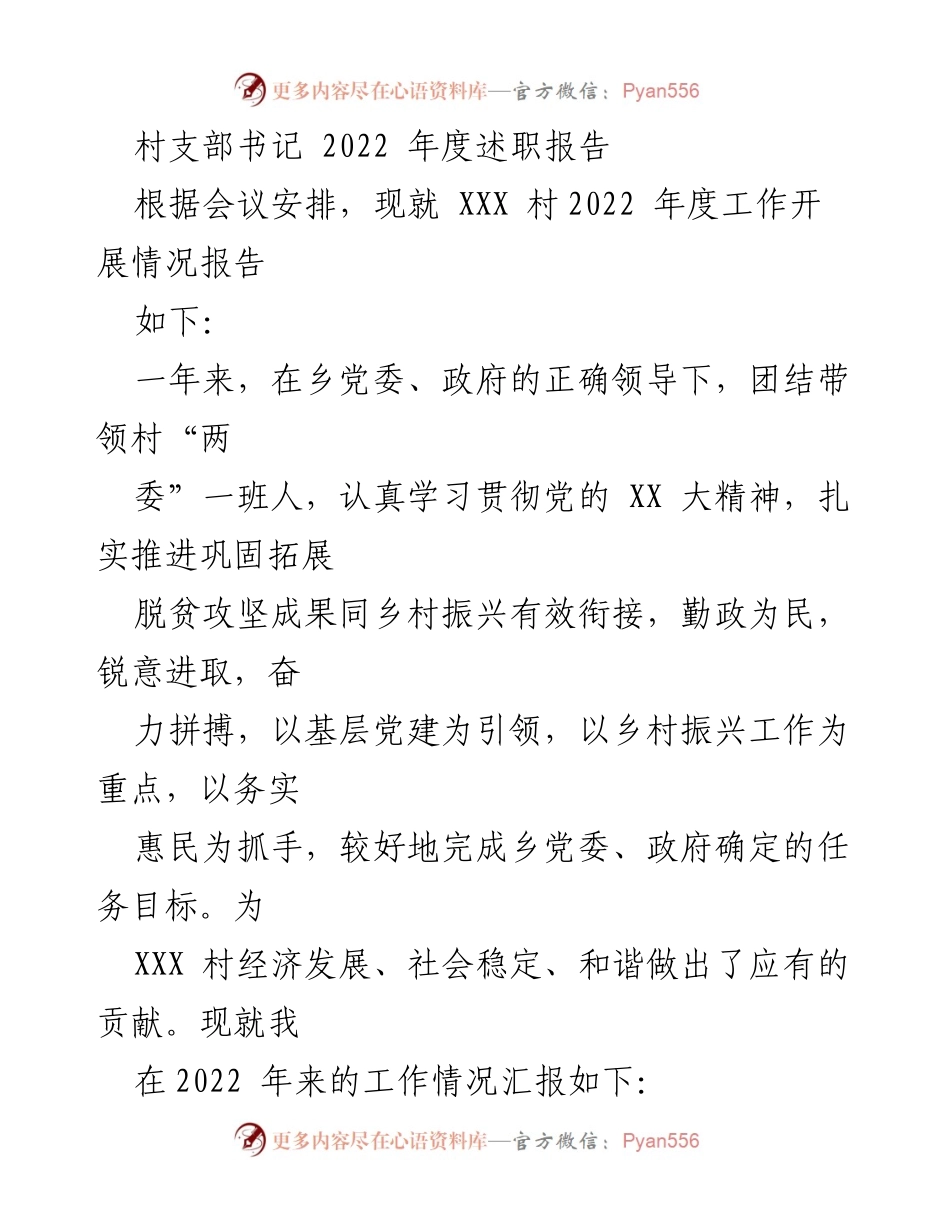 [述职报告] 村支部会议 - 2022 年度村支部书记工作总结报告.docx_第1页