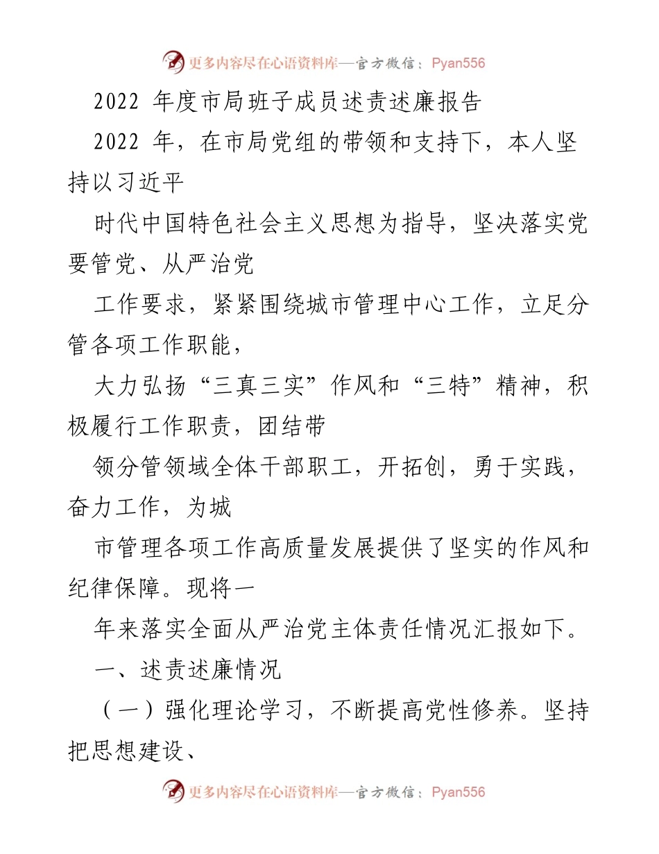 [述责述廉报告] 年度工作总结 - 2022年度市局班子成员述责述廉报告.docx_第1页