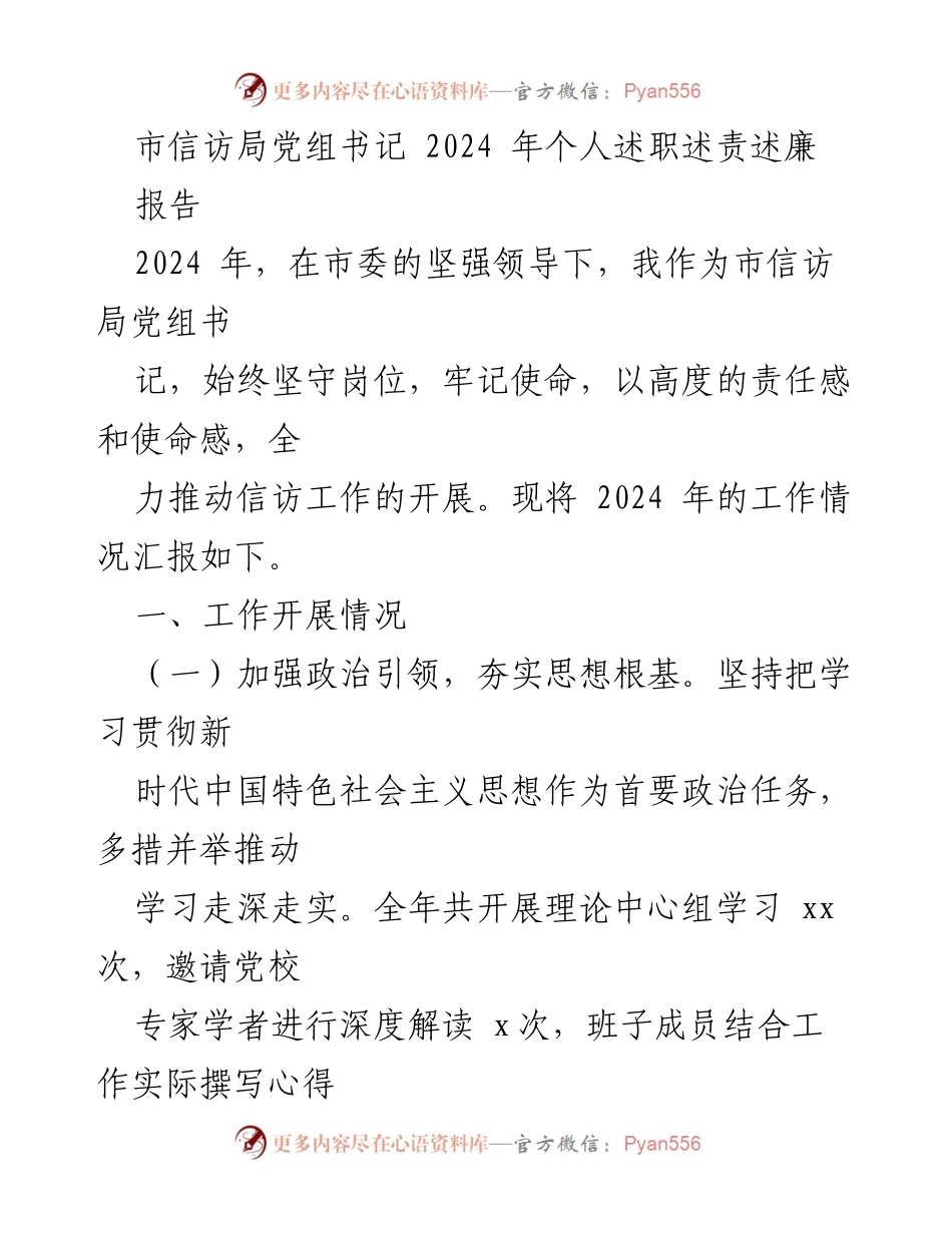 [述职报告] 市信访局 - 2024年市信访局党组书记个人述职述责述廉报告.docx_第1页