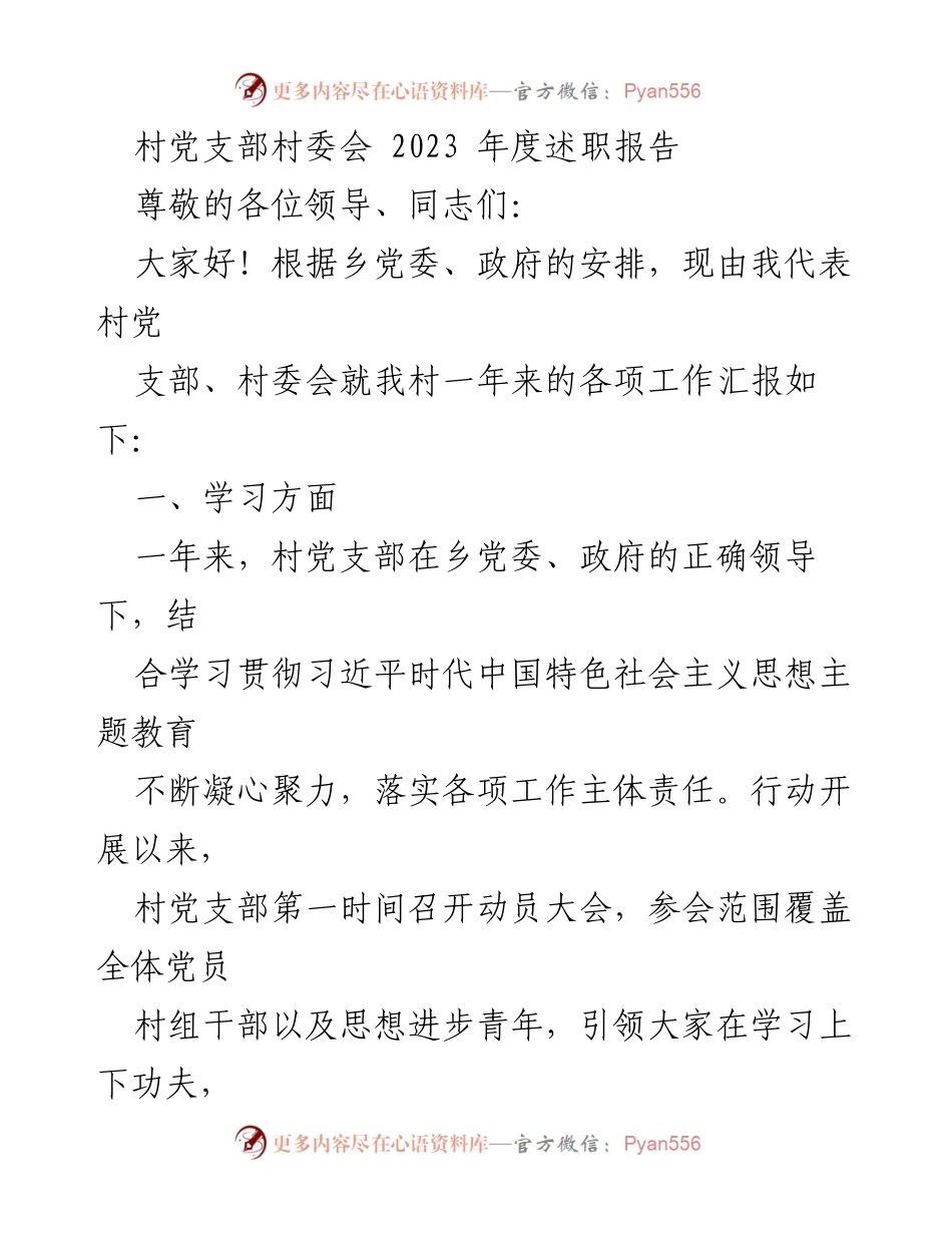 [述职报告] 村党支部年度总结 - 2023年度村党支部及村委会述职报告_1.docx_第1页