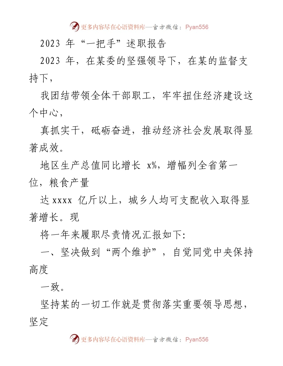 [述职报告] 述职场合 - 2023年“一把手”履职尽责情况汇报.docx_第1页