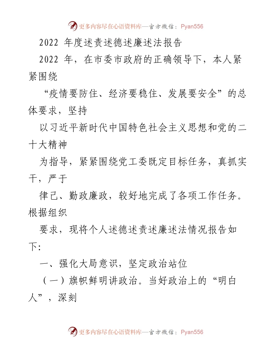 [述责述廉报告] 2022年度 - 2022年度述责述德述廉述法报告.docx_第1页