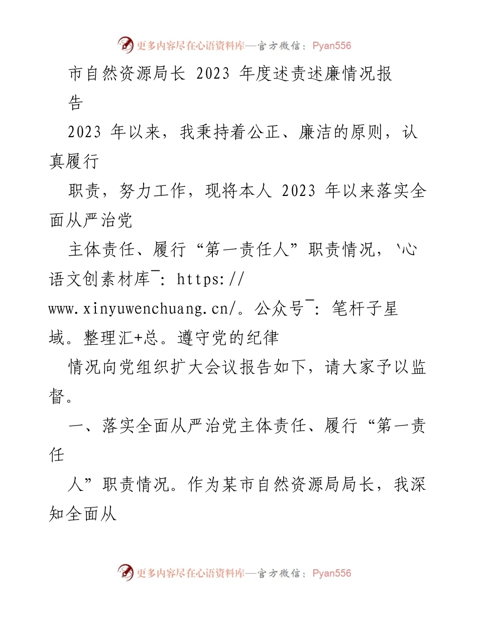[述责述廉报告] 自然资源局扩大会议 - 2023年度市自然资源局长述责述廉情况报告.docx_第1页