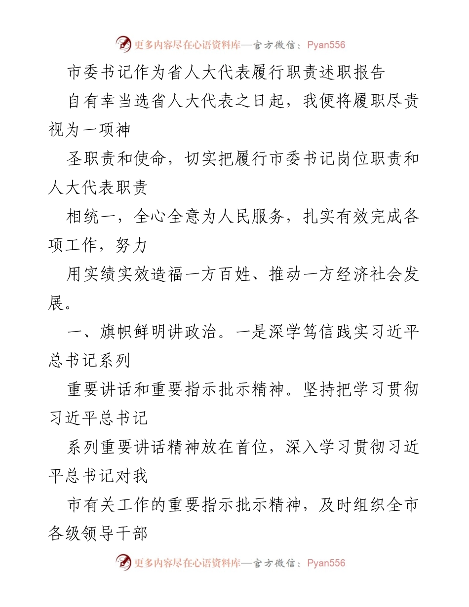 [述职报告] 省人大会议 - 市委书记履行职责述职报告.docx_第1页