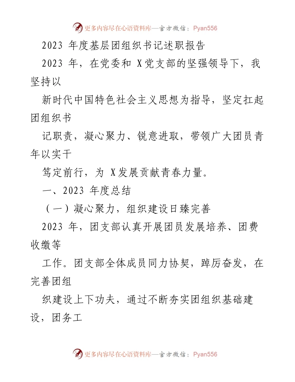 [述职报告] 基层团组织 - 2023年度团组织书记述职总结与反思_1.docx_第1页