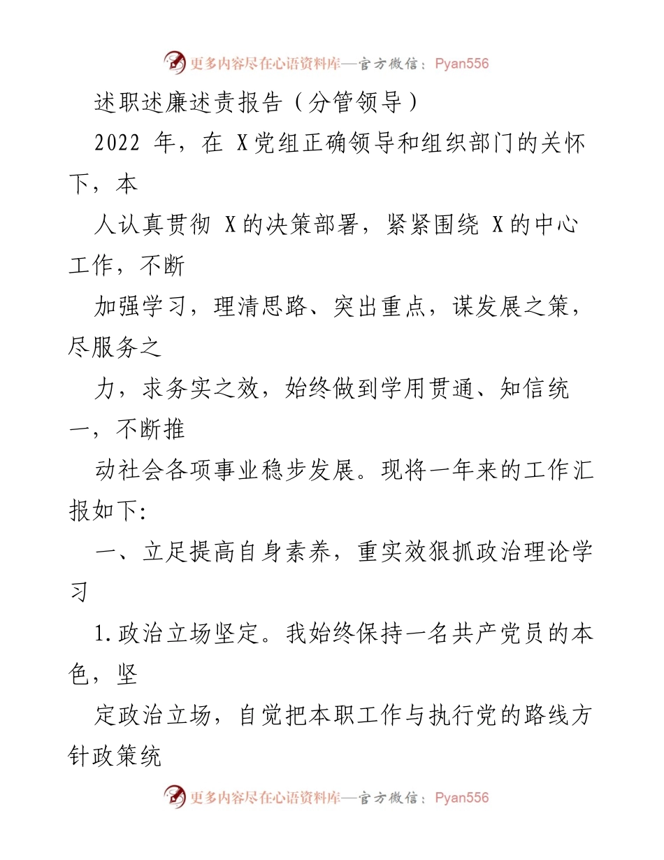[述职报告] 工作总结 - 2022年度分管领导述职述廉述责报告.docx_第1页