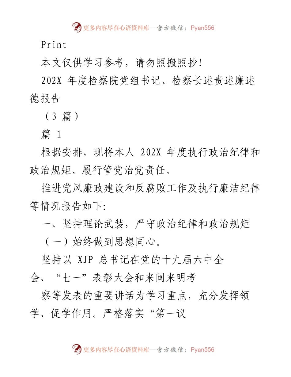 [述责述廉报告] 检察院年度工作总结 - 202X年度检察院党组书记、检察长述责述廉述德报告.docx_第1页