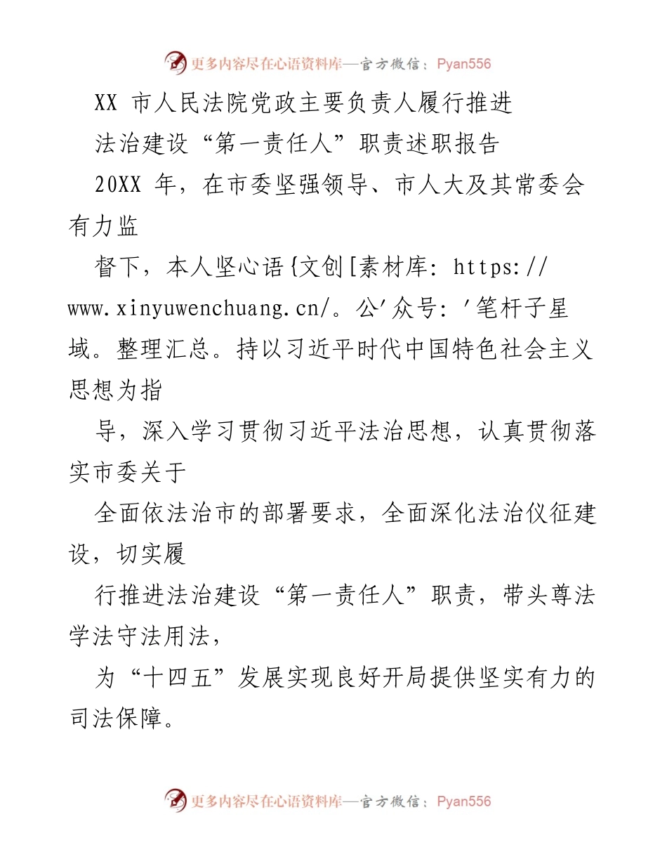 [述职报告] 法治建设 - XX市人民法院主要负责人法治建设履职报告.docx_第1页