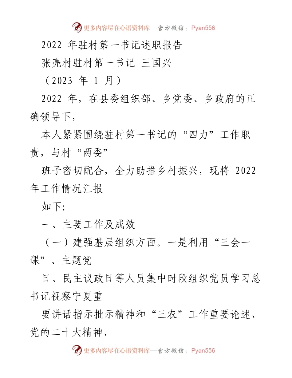 [述职报告] 驻村工作 - 2022年驻村第一书记工作述职报告.docx_第1页