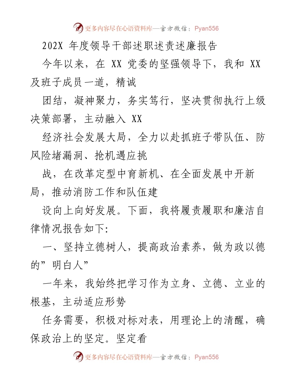 [述职报告] 年度总结 - 202X年度领导干部述职述责述廉报告.docx_第1页
