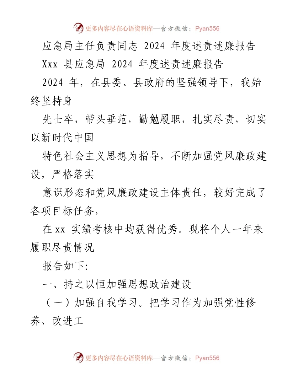 [述责述廉报告] 应急局 - 2024年度述责述廉报告.docx_第1页