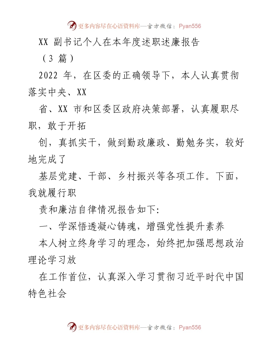 [述职报告] 年度工作总结 - XX 副书记2022年度述职述廉报告_1.docx_第1页