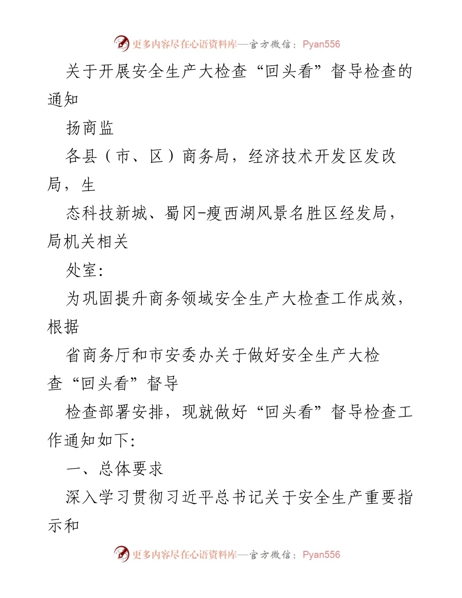 [通知] 安全生产督导检查 - 开展商务领域安全生产大检查“回头看”工作通知.docx_第1页