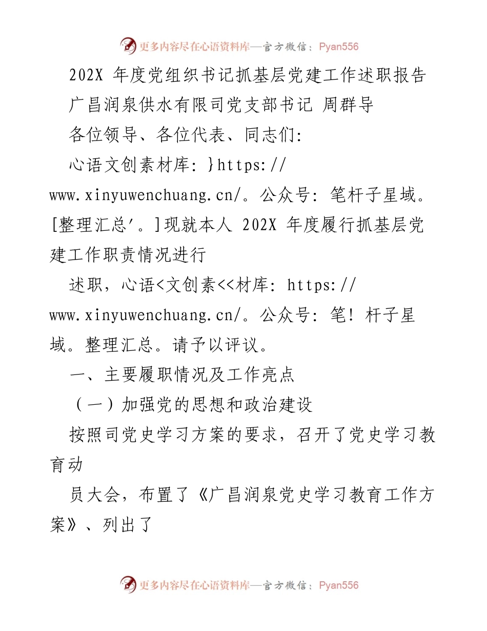 [述职报告] 年度总结 - 202X年度党组织书记抓基层党建工作述职报告.docx_第1页