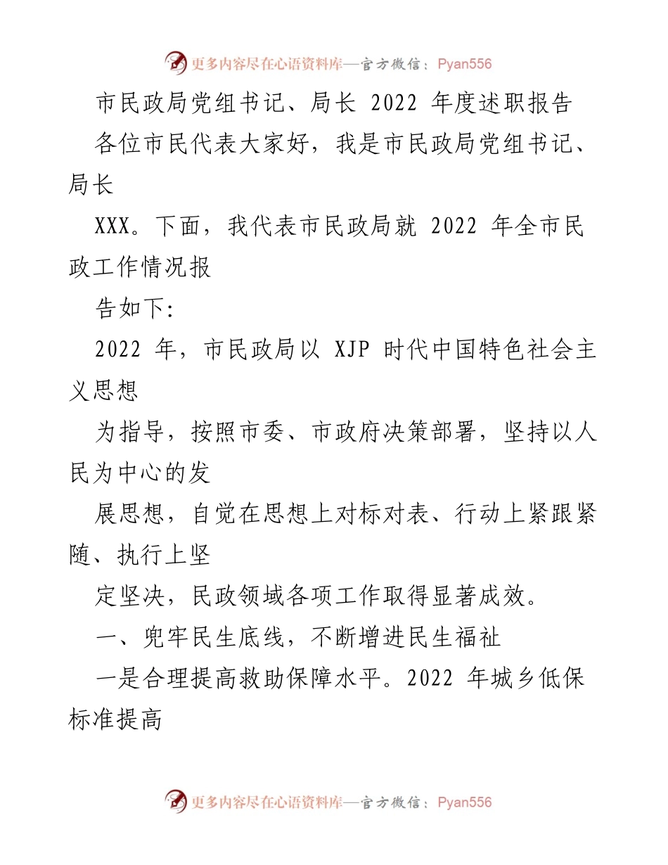 [述职报告] 市民政局年度总结 - 2022年度市民政局工作述职报告.docx_第1页