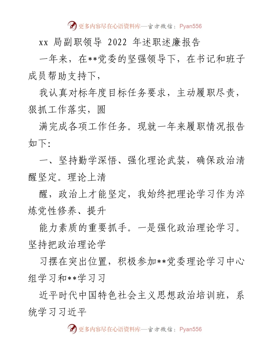 [述职报告] 述职述廉 - 2022年度副职领导述职述廉报告.docx_第1页