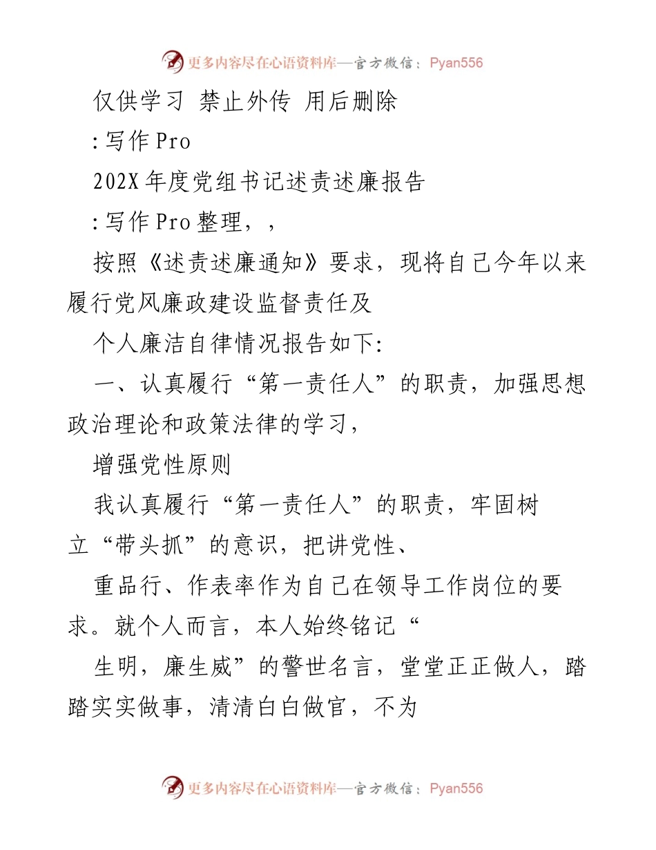 [述责述廉报告] 年度总结 - 202X年度党组书记述责述廉报告.docx_第1页