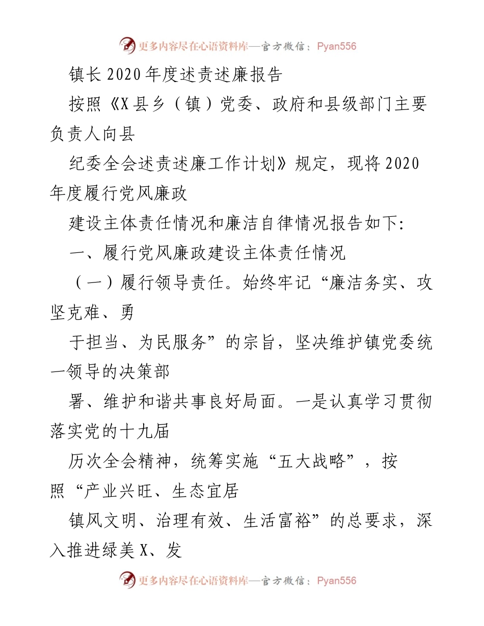 [述责述廉报告] 镇长年度工作总结 - 2020年度党风廉政建设责任报告.docx_第1页