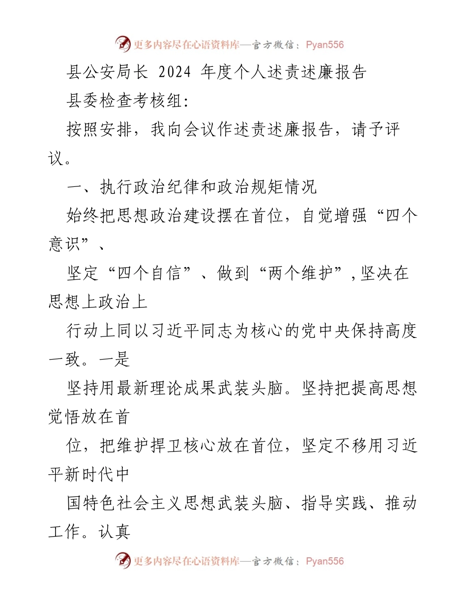 [述责述廉报告] 县公安局年度会议 - 2024年度个人述责述廉报告.docx_第1页