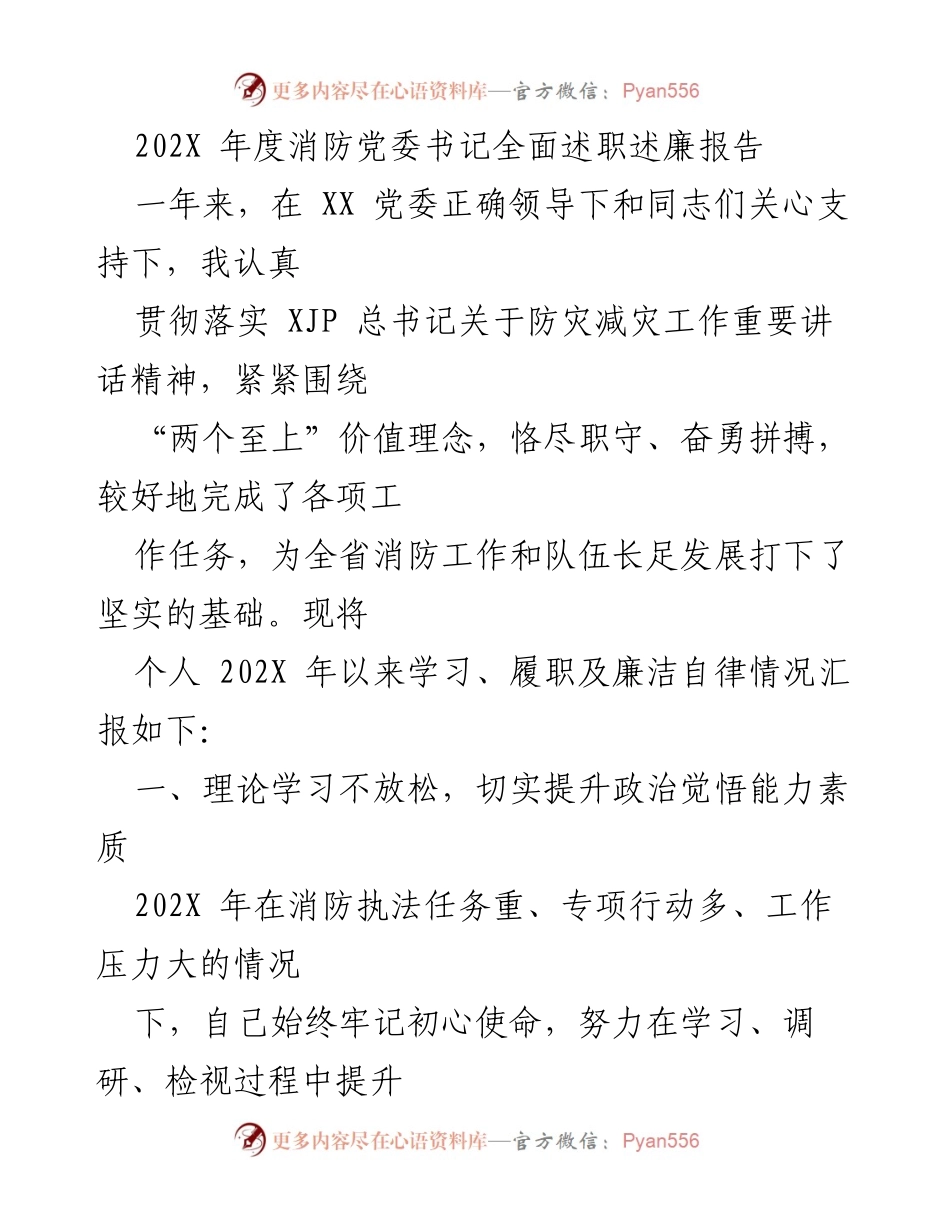 [述职报告] 年度总结 - 202X年度消防党委书记述职述廉报告.docx_第1页