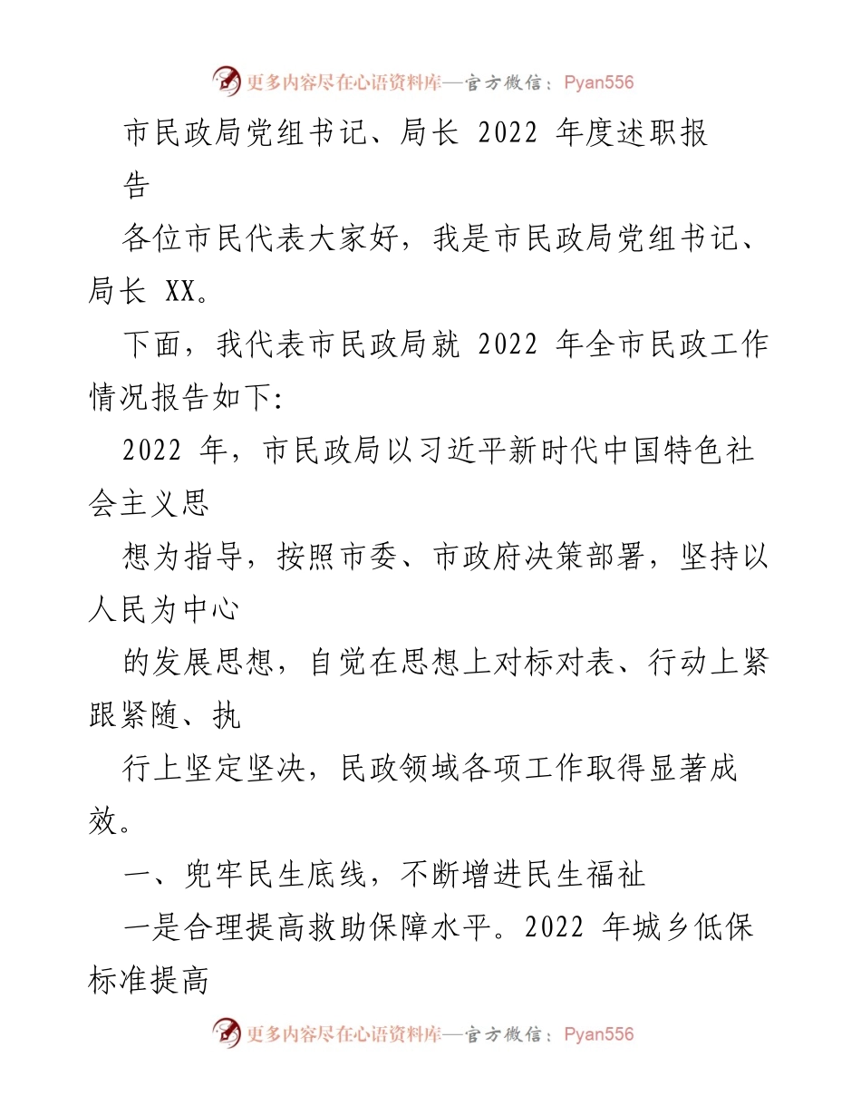 [述职报告] 市民政局年度工作总结 - 2022年度市民政局工作述职报告.docx_第1页