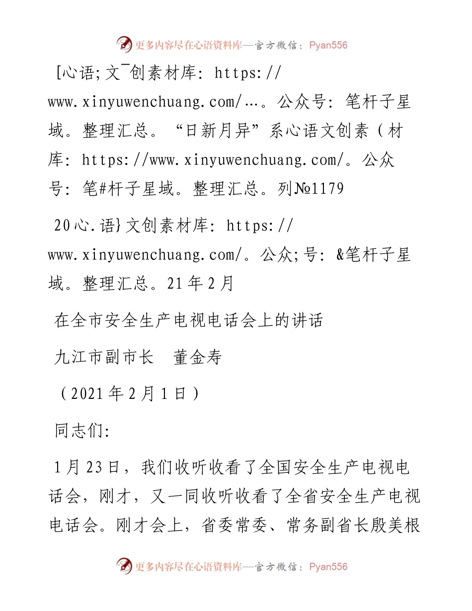 “日新月异”系列№1179九江市副市长董金寿：在全市安全生产电视电话会上的讲话.docx_第1页