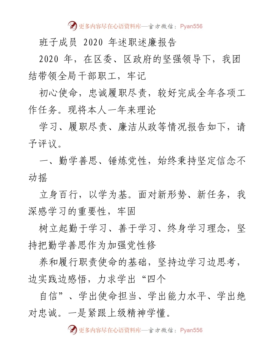 [述职报告] 述职述廉 - 2020年班子成员述职述廉报告总结.docx_第1页