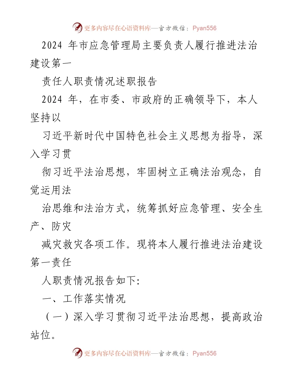 [述职报告] 市应急管理局 - 2024年度法治建设责任履行述职报告.docx_第1页