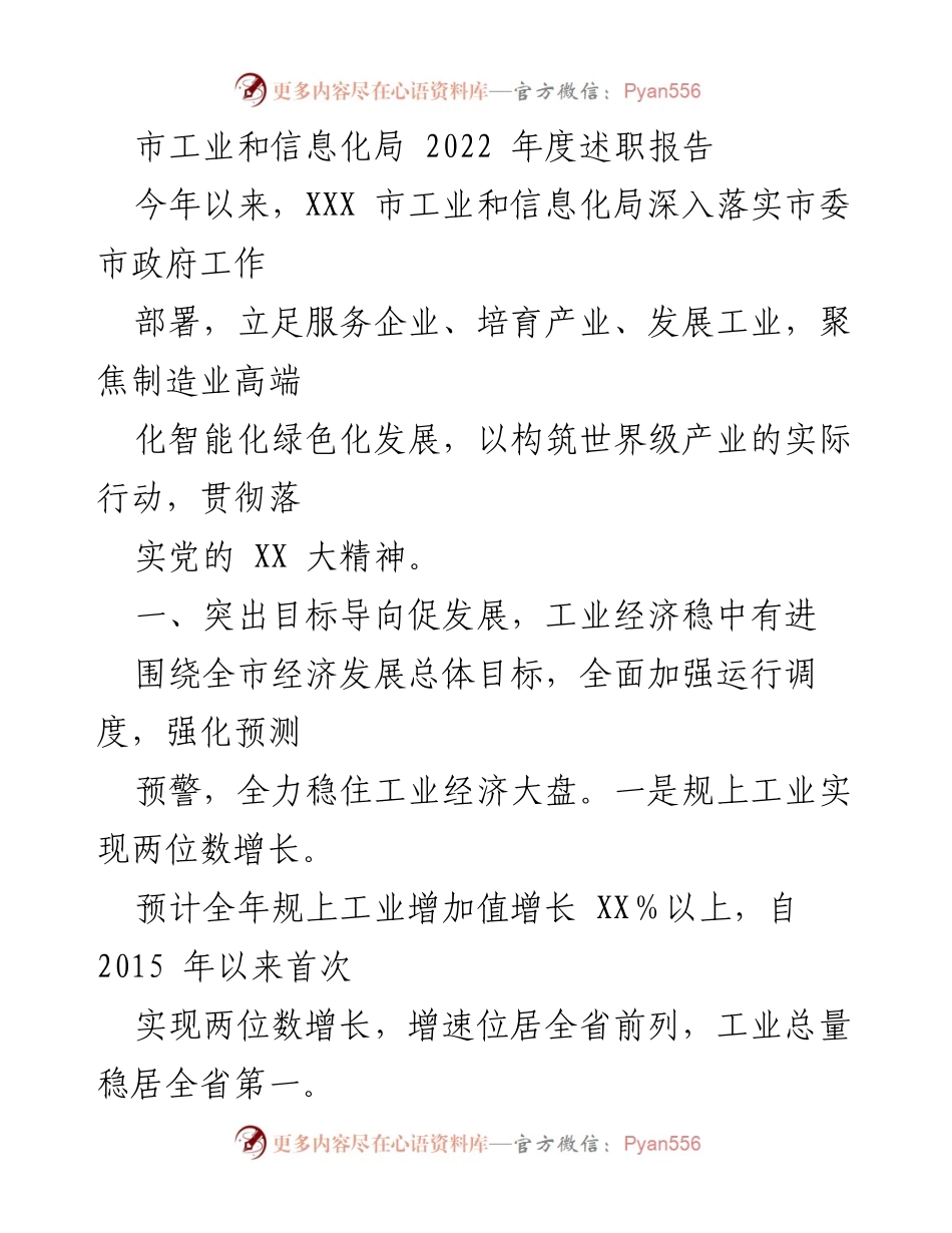 [述职报告] 市工业和信息化局 - 2022年度工作总结与发展成就.docx_第1页