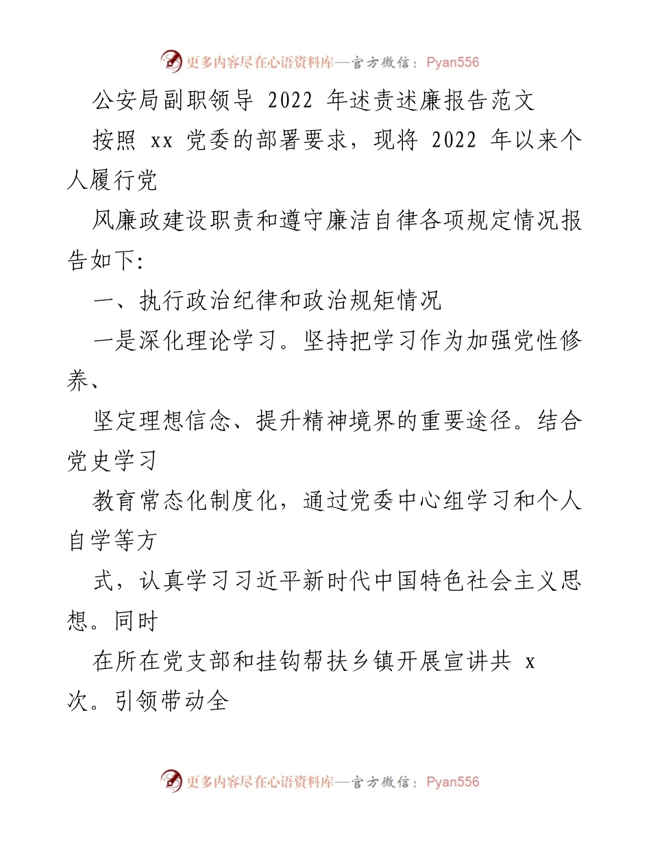 [述责述廉报告] 公安局副职领导 - 2022年度履责与廉政建设总结报告.docx_第1页