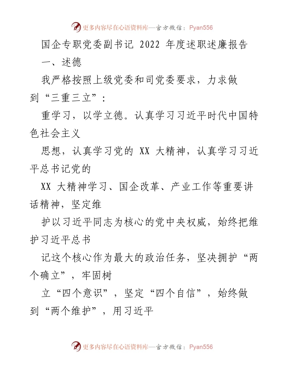 [述职报告] 国企年度总结 - 2022年度党委副书记述职述廉报告.docx_第1页