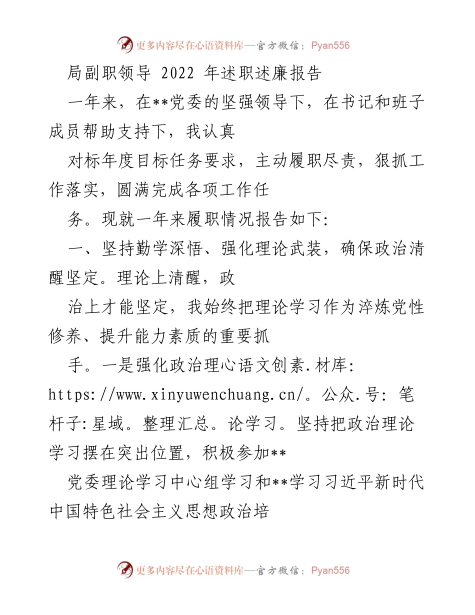 [述职报告] 年度总结 - 2022年局副职领导述职述廉报告.docx_第1页