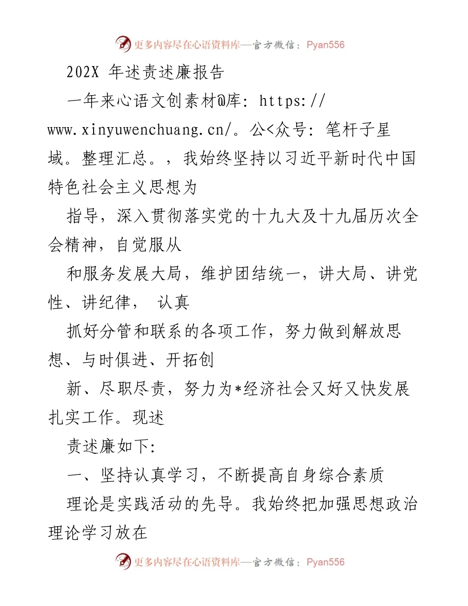 [述责述廉报告] 年度工作总结 - 202X年度述责述廉报告.docx_第1页