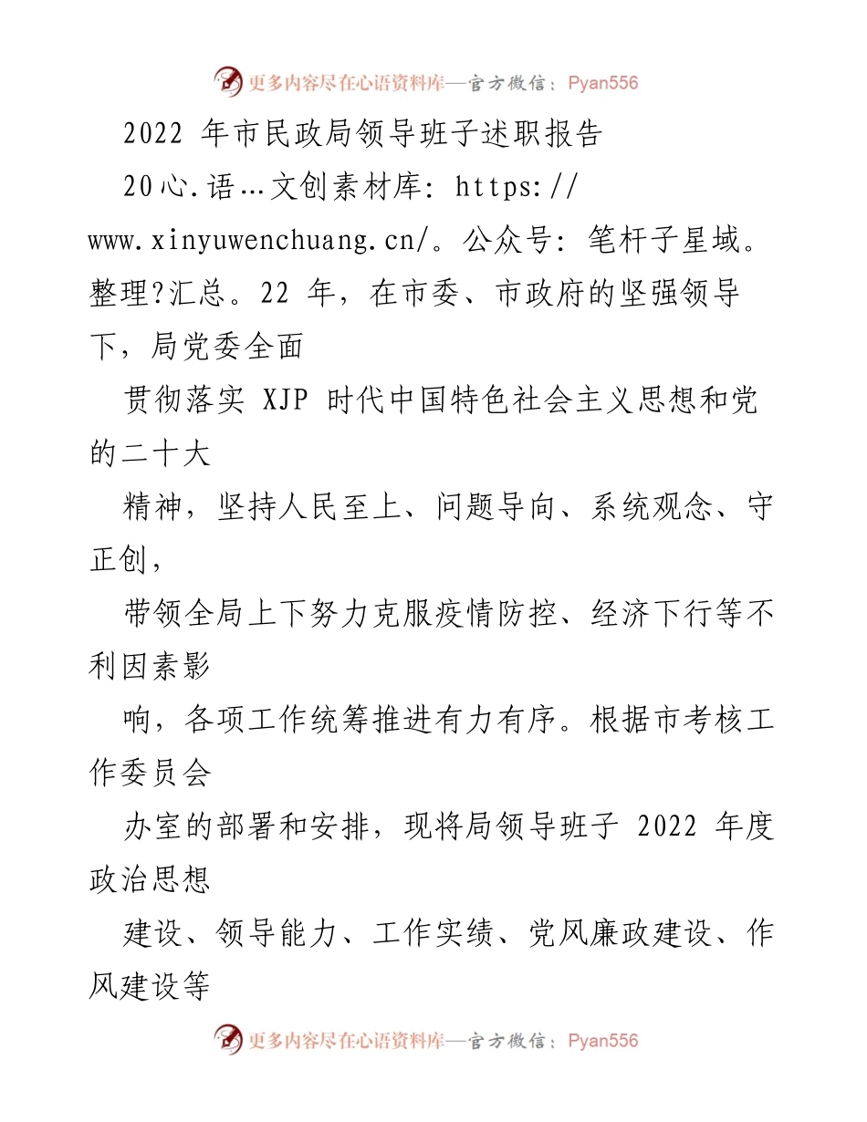 [述职报告] 市民政局 - 2022年度领导班子述职报告及党建工作总结.docx_第1页