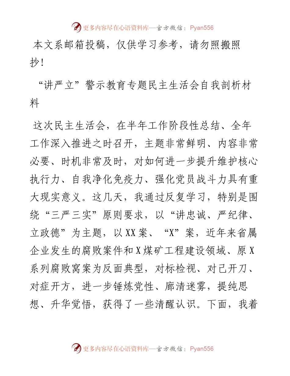 “讲严立”警示教育专题民主生活会剖析材料（范文）.docx_第1页