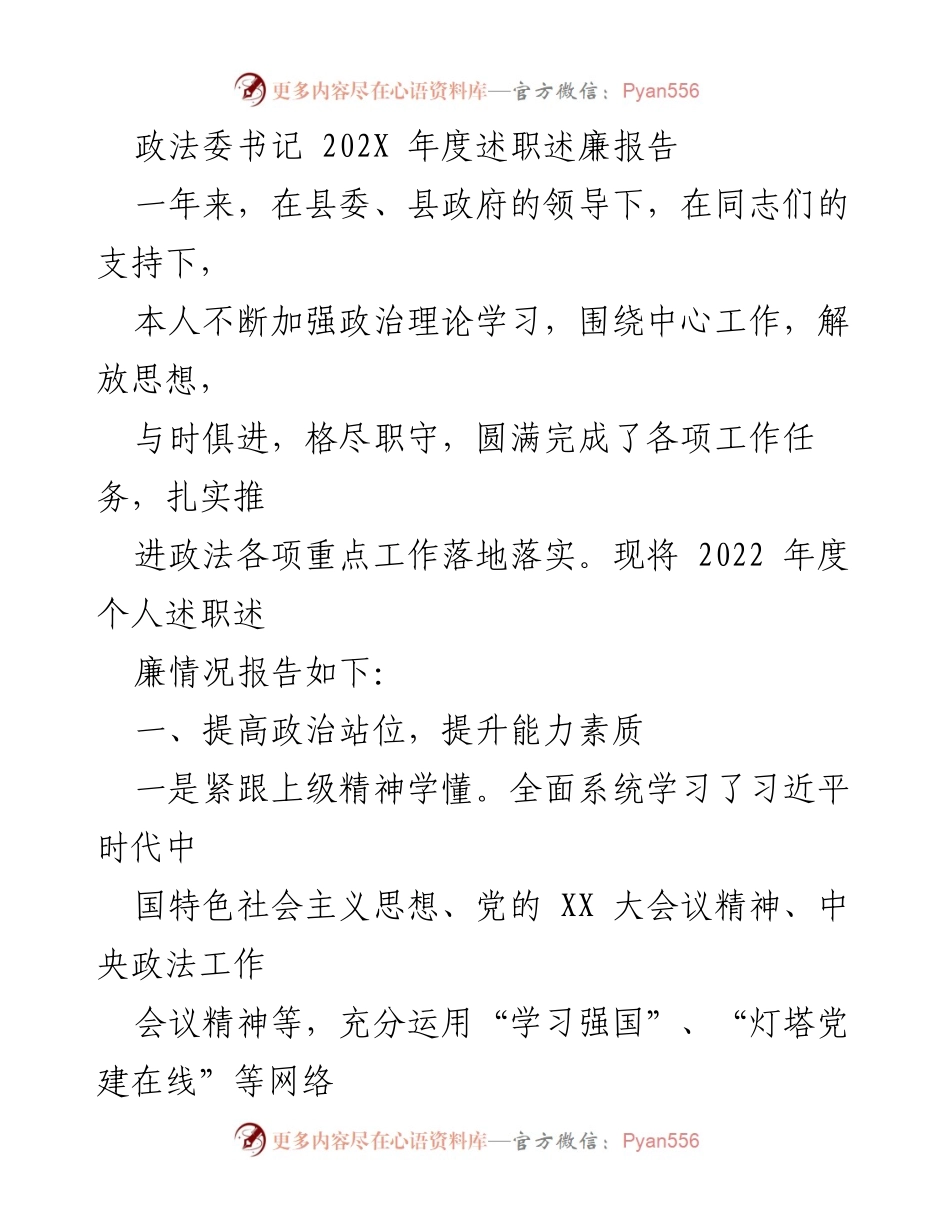 [述职报告] 政法委年度总结 - 202X年度政法委书记述职述廉报告_1.docx_第1页