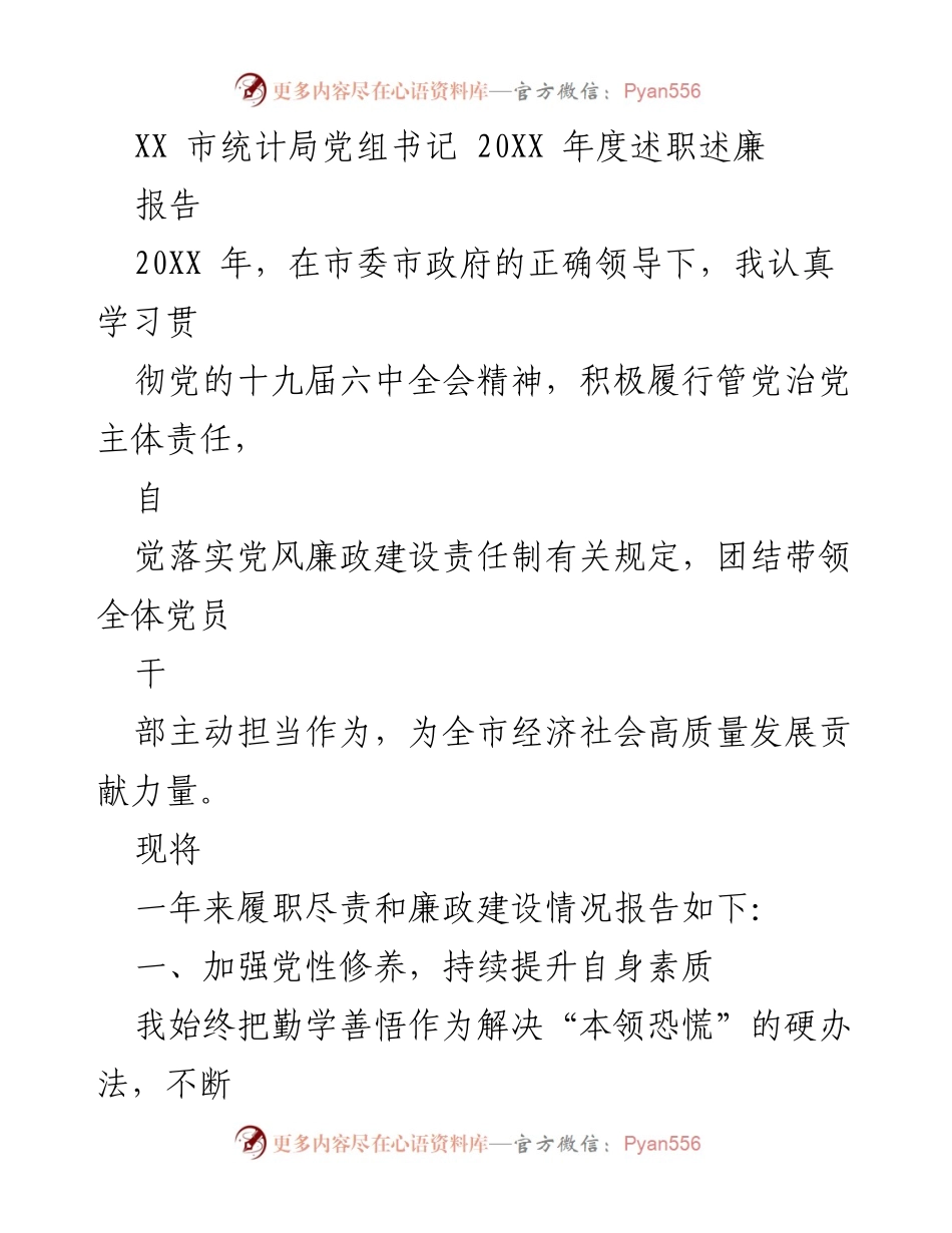 [述职报告] 统计局年度总结 - XX市统计局党组书记20XX年度述职述廉报告.docx_第1页
