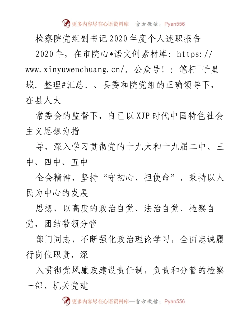 [述职报告] 检察院年度总结 - 2020年度检察院党组副书记个人述职报告.docx_第1页