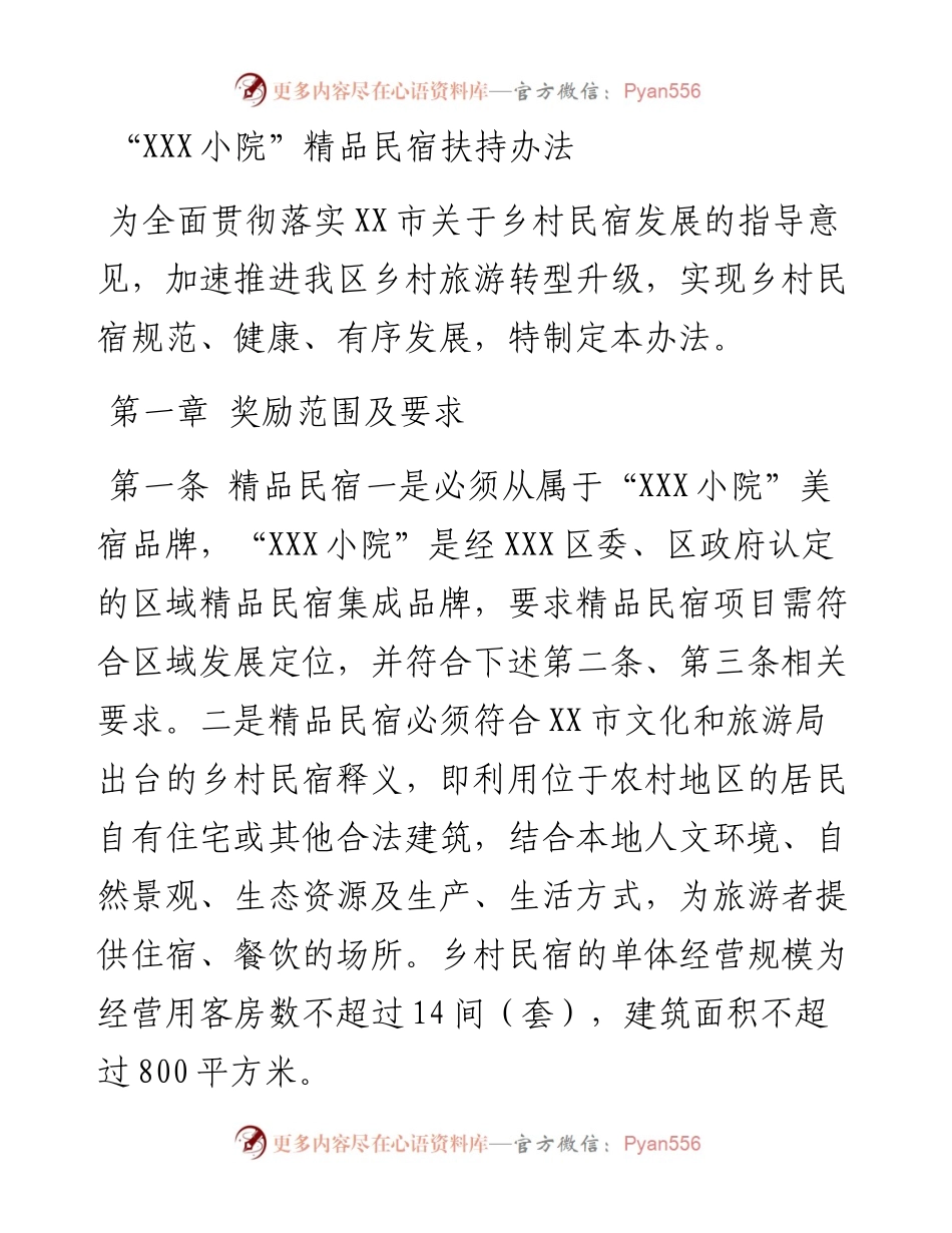 “XXX小院”精品民宿扶持办法.docx_第1页