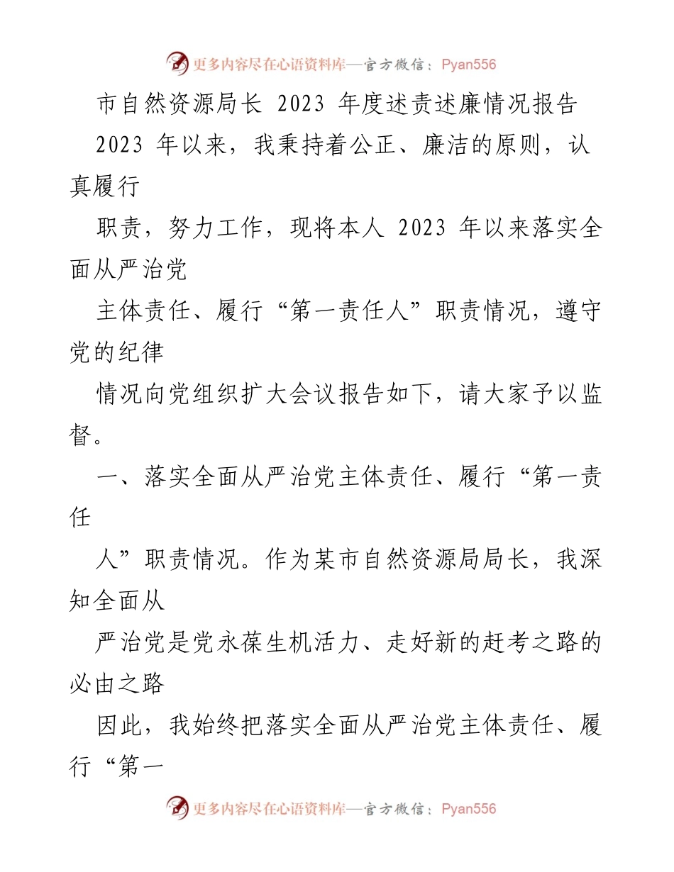 [述责述廉报告] 自然资源局扩大会议 - 2023年度自然资源局长述责述廉情况报告.docx_第1页