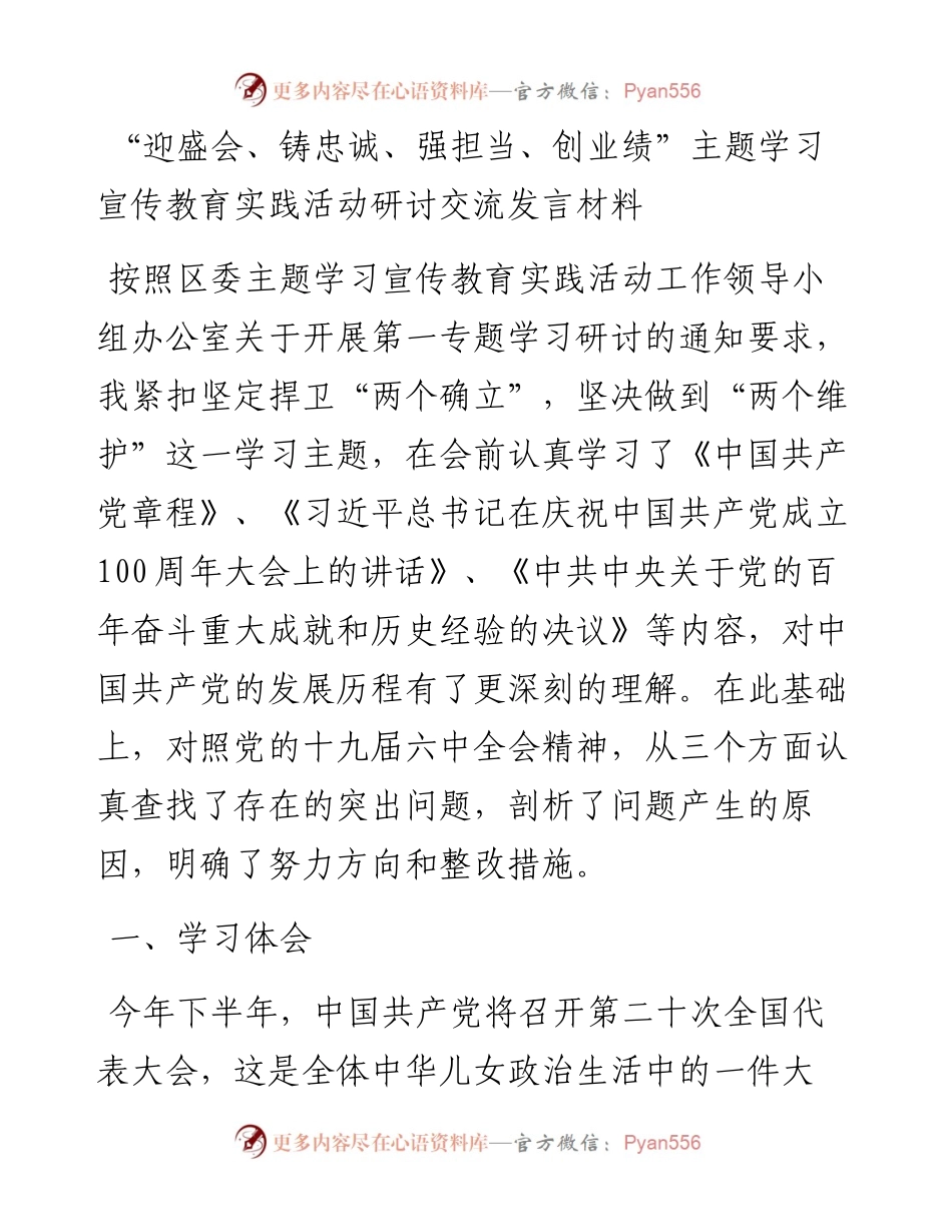 “迎盛会、铸忠诚、强担当、创业绩”主题学习宣传教育实践活动研讨交流发言材料.docx_第1页
