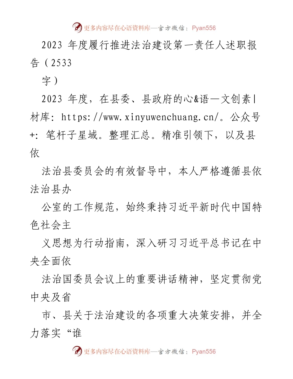 [述职报告] 法治建设 - 2023年度法治建设履职情况述职报告.docx_第1页